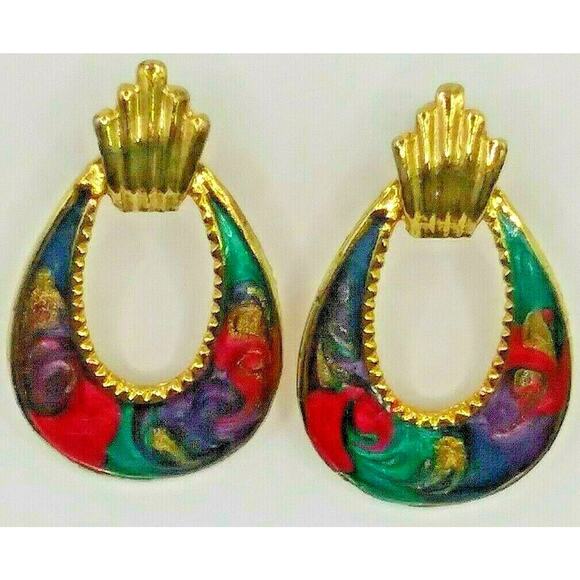💫 Vintage Teardrop Swirl Earrings 💜 Gold Tone Multicolor Retro Hoop - Picture 12 of 12